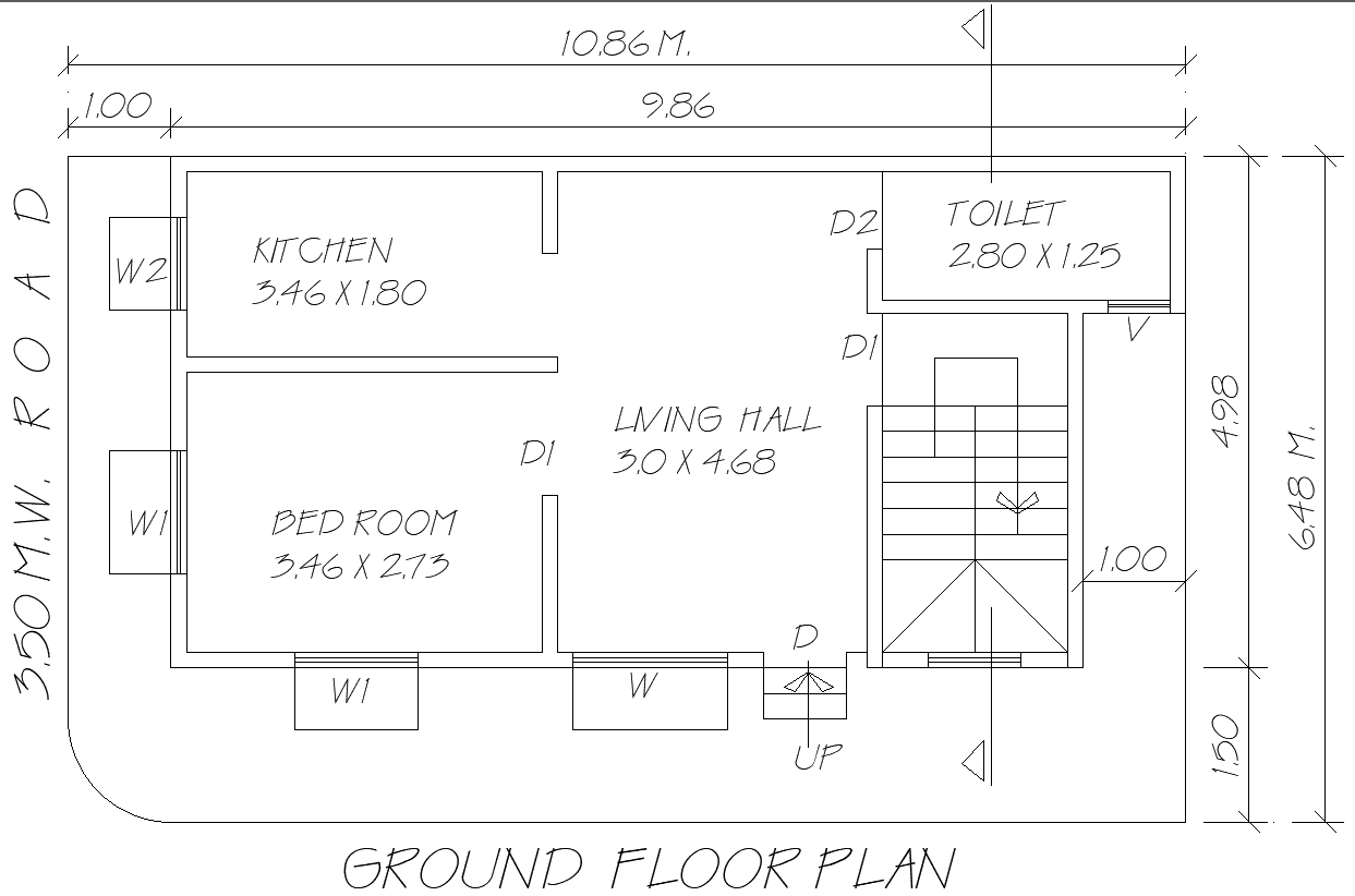 10.86mx6.48m 1BHK Ground Floor House Plan in DWG File