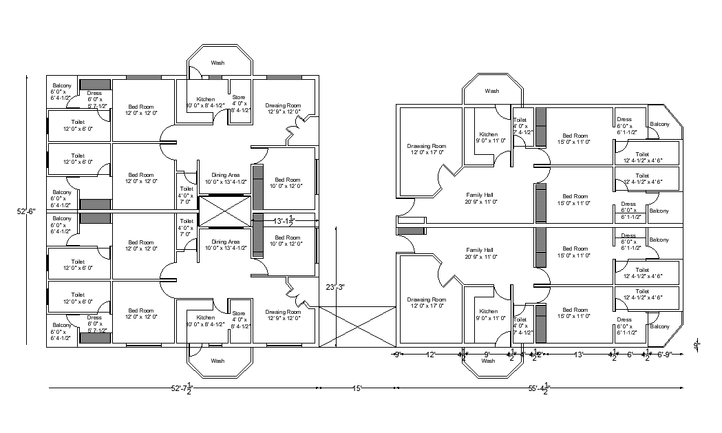 108’x52’ house plan is given in this Autocad drawing file. Download now.