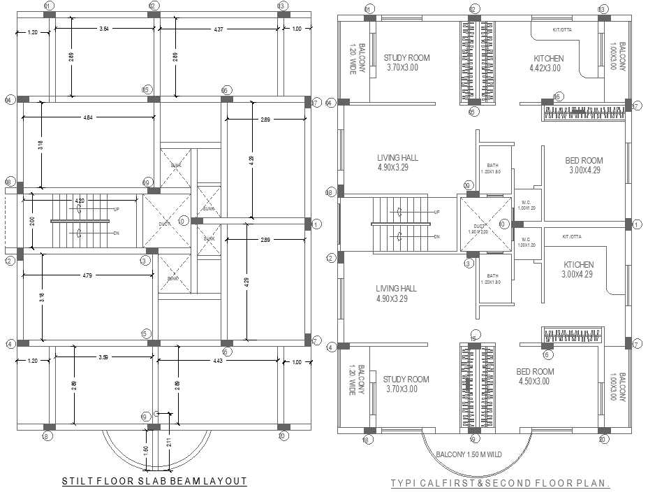 10.90mx15.50m First and Second Floor House Plan DWG file