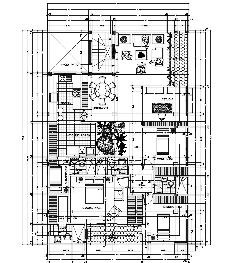 10X16 Meter 3 BHK House Plan With Furniture Drawing DWG File