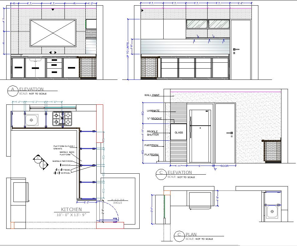 10ftX13ft Modular Kitchen Design Architecture CAD Drawing