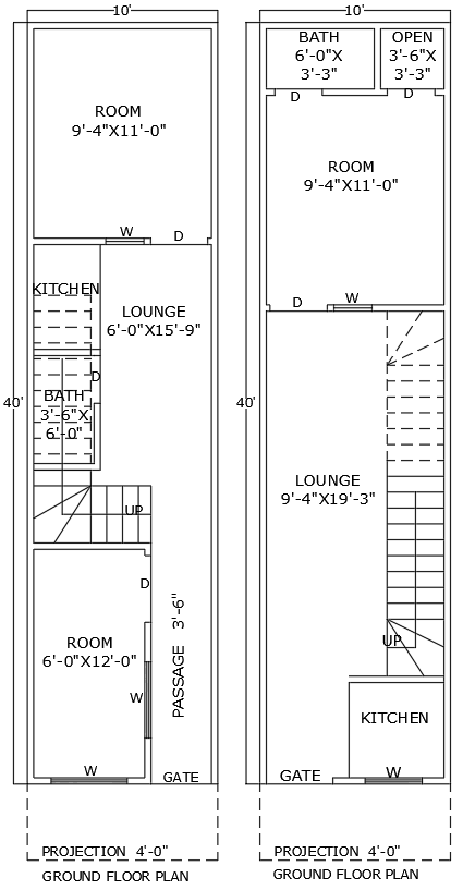 10ft x 40ft Small Ground and First Floor 3BHK House Plan Details – AutoCAD DWG File