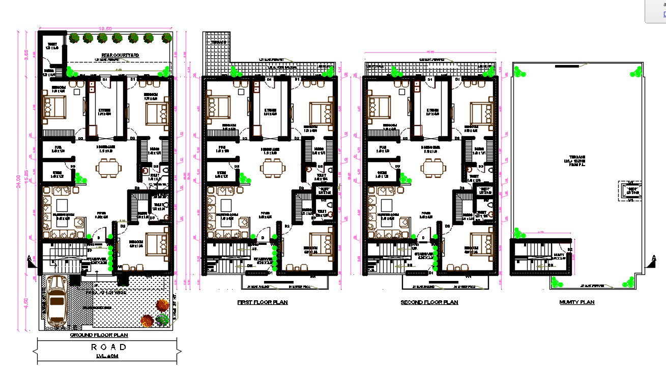 10m X 24m 3 BHK Apartment House Plan With Interior Layout Drawing DWG File