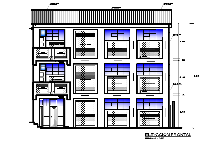 10m height of the building elevation view has been given in this Autocad drawing file. Download now.