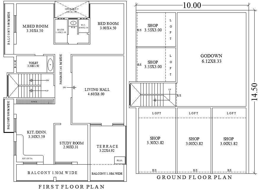 10mx14.50m Shop Godown and House Layout Plan in DWG Format