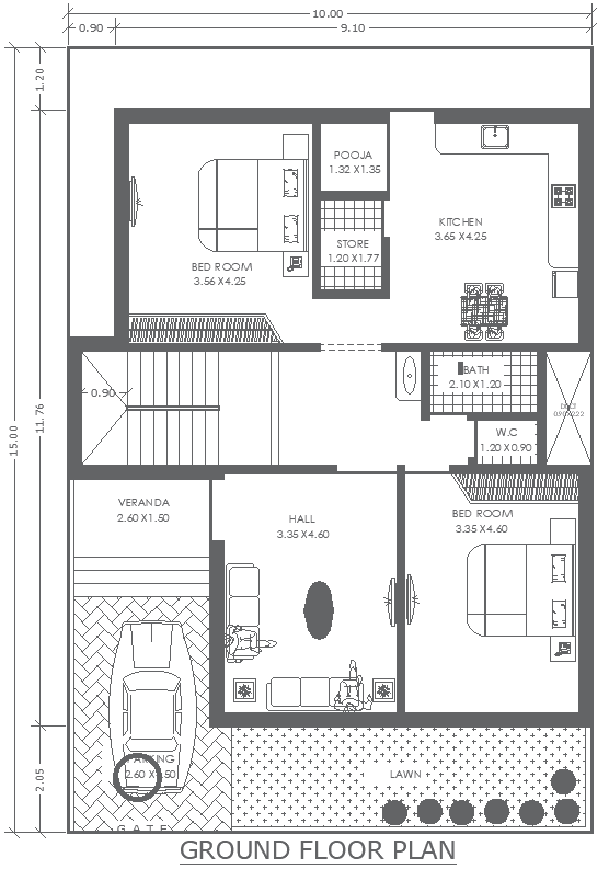 10mx15m 2BHK Ground Floor Residential House Plan DWG File