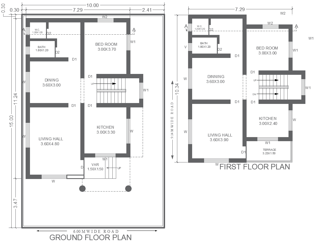 10m x 15m Ground and First Floor 2BHK House Plan Design – AutoCAD DWG