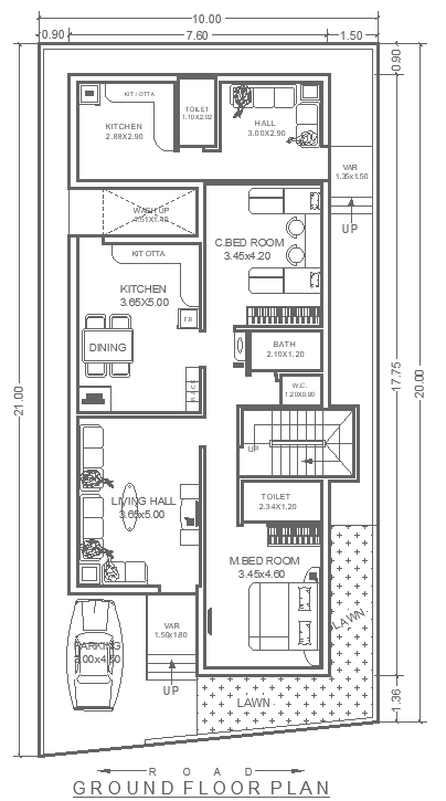 Ground Floor 2BHK House Design 10mx21m in DWG Format