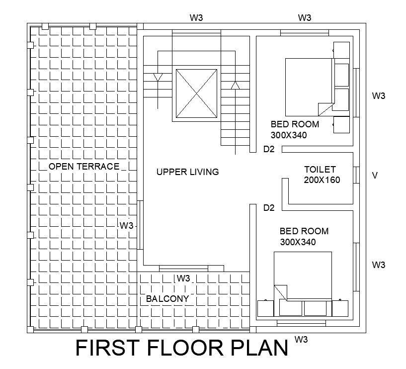 10x10m first floor house plan is given in this AutoCAD drawing model. Download now.