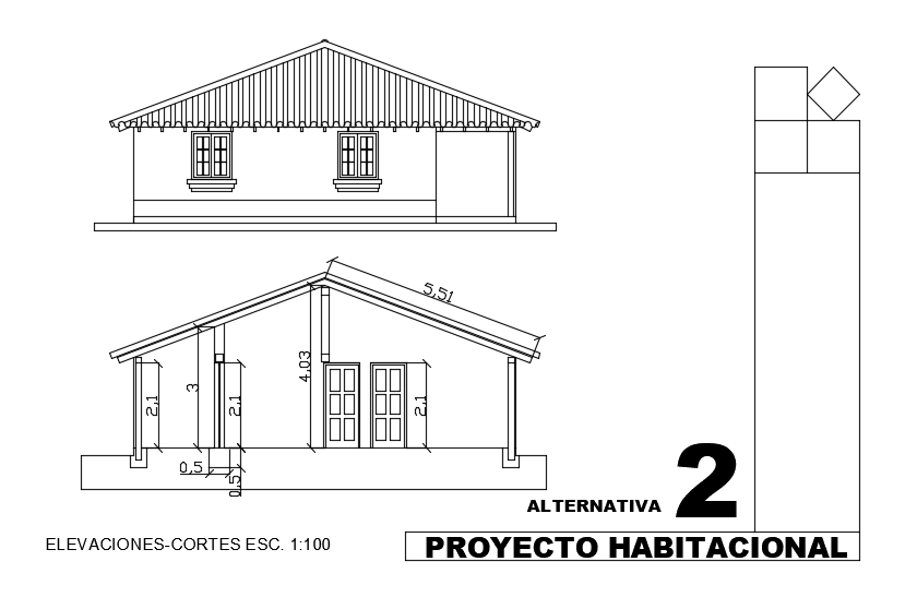 10x10m house building front elevation and left side section cad drawing