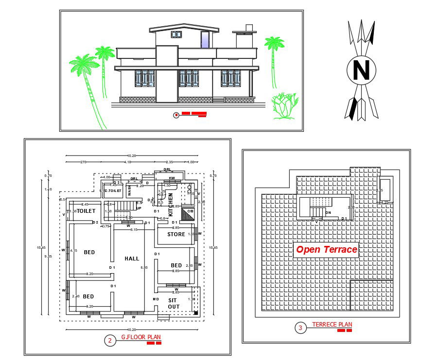 10x10m residential single story house plan with elevation