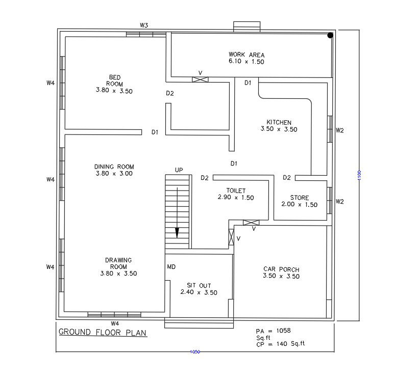 10x11m 1bhk house plan AutoCAD drawing