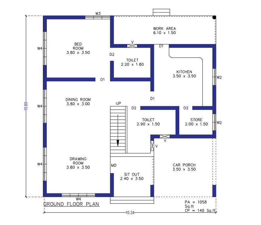 10x11m architecture residential 1bhk house plan