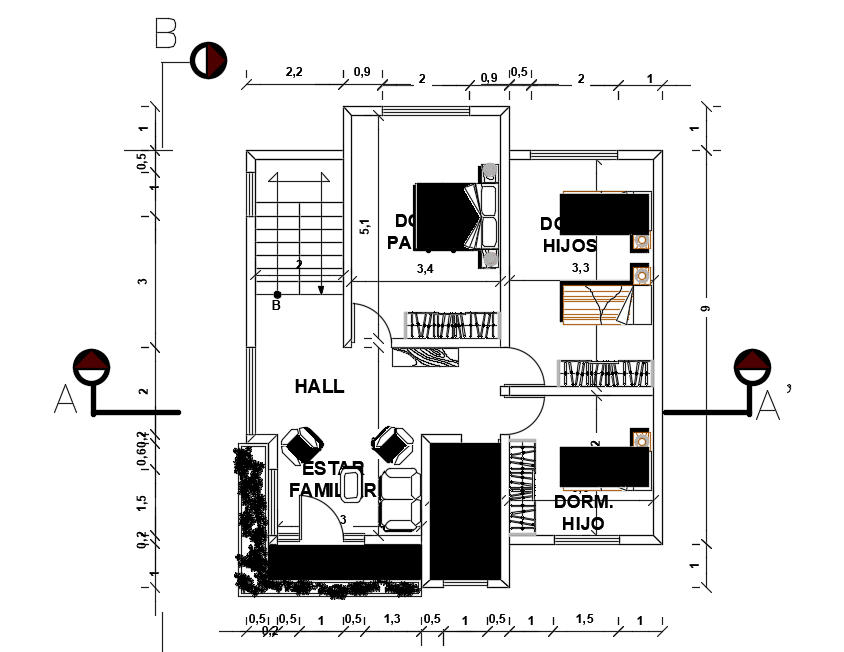 10x11m first floor house plan 2d AutoCAD drawing