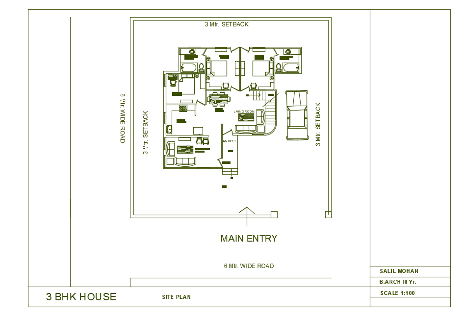 10x12m architecture 3bhk floor plan cum site layout 2d drawing