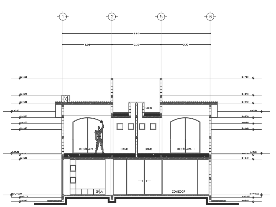 10x12m front back cut section 2d AutoCAD drawing is given