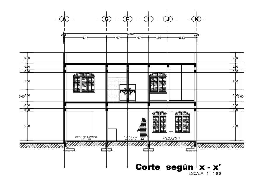 10x12m house building back side section view is given in this model
