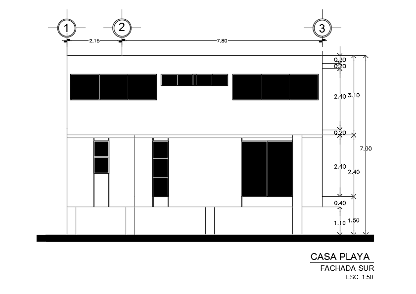 10x13m house building south side elevation cad drawing