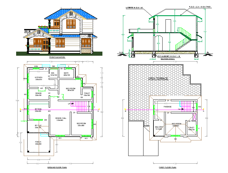 10x14 Meter 3 BHK House Plan DWG File