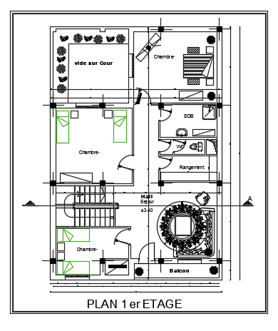 10x14m first floor three story house plan AutoCAD drawing is given in this file