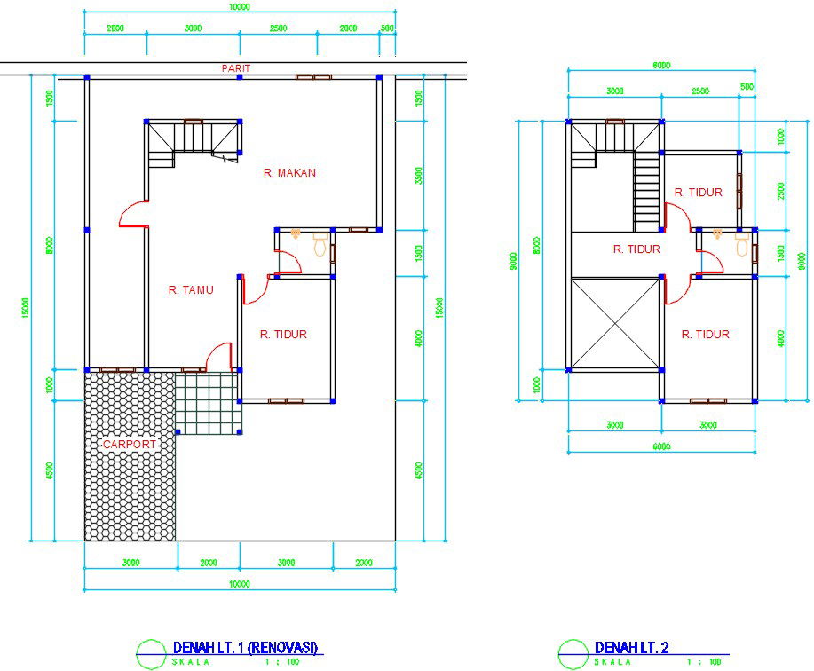 10x15m residential duplex house plan CAD drawing