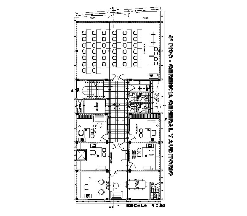 10x24m fourth floor of the general management & auditorium of the hospital plan is given in this Autocad drawing file. Download now.