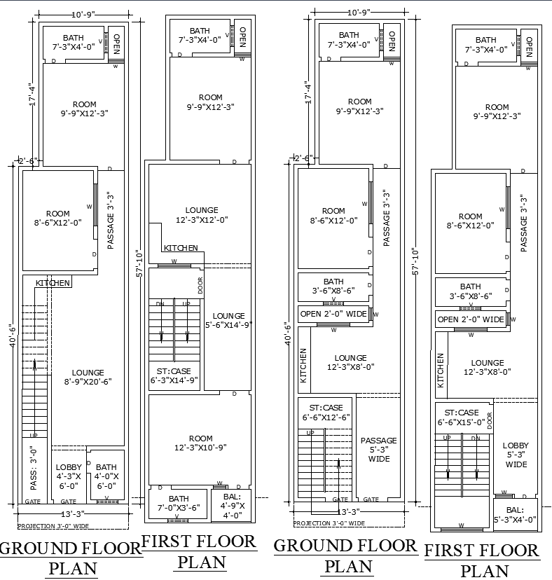 10x57 Narrow House Plan with 2 Residential Units in CAD File