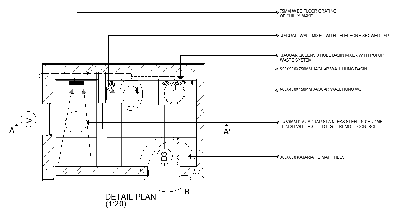 10’x7’ bathroom plan is given in this AutoCAD model. Download now.