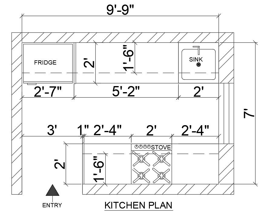 10’x7’ kitchen plan is given in this AutoCAD drawing model. Download now.