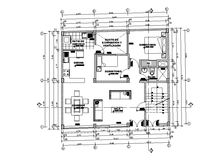 10x9m house plan is given in this Autocad drawing file. Download now.