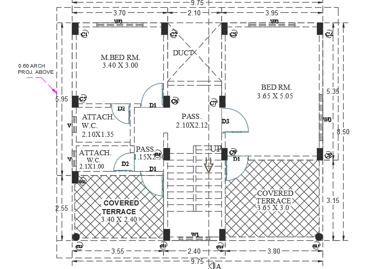 10x9m three story bungalow house first floor plan AutoCAD model is given