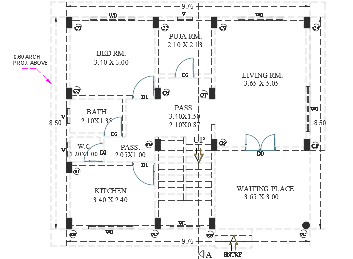 10x9m three story bungalow house ground floor plan AutoCAD model is given