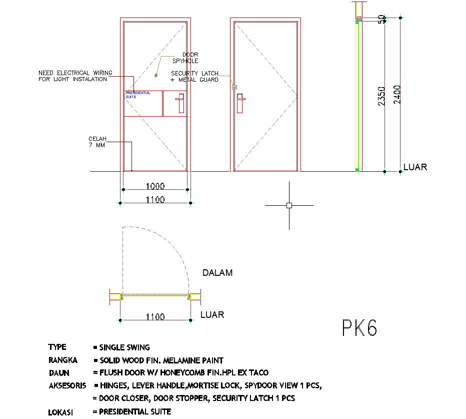 1100×2400 sized single swing door design is given in the AutoCAD drawing, CAD file, dwg file