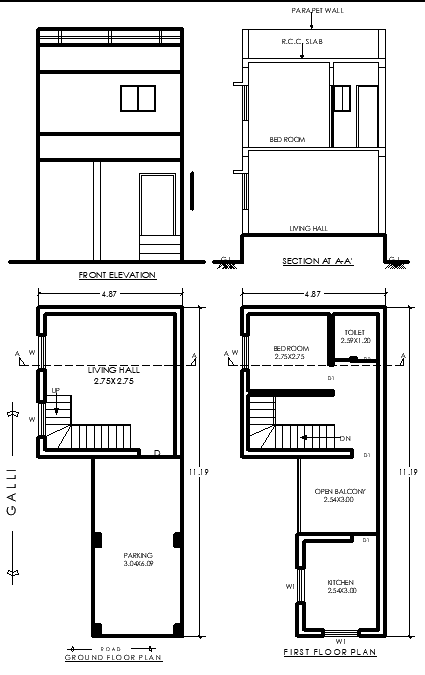 11.19mx4.87m 1BHK Single Storey House Plan in CAD Drawing File