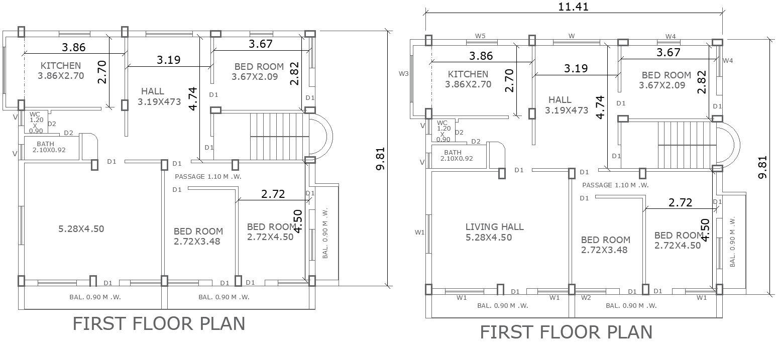AutoCAD Drawing of 11.41m×9.81m 3BHK First Floor Layout