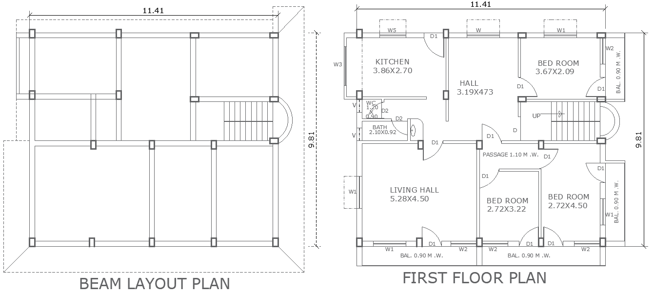 11.41mx9.81m Beam Layout First Floor House Plan DWG Design