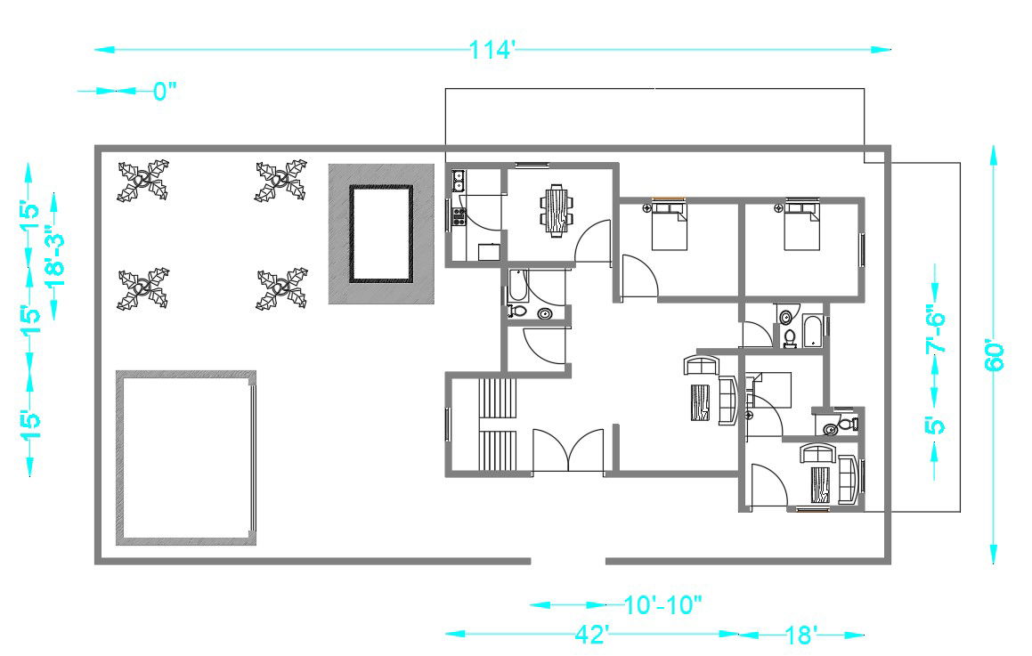 114'X60' Trible bedroom Single-storey House floor plan is given in this AutoCAD DWG File.Download the AutoCAD Drawing file.