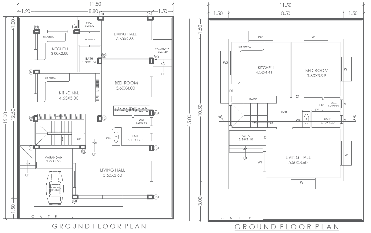 11.5x15m Two 1BHK Ground Floor House Layout Designs