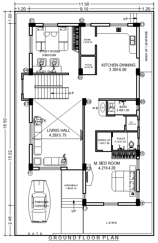 Ground Floor 2BHK House Plan 11.50mx18.50m in DWG View