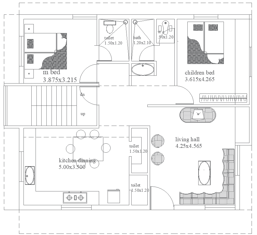 11.60mx9.75m 2BHK House Plan AutoCAD DWG Layout Design