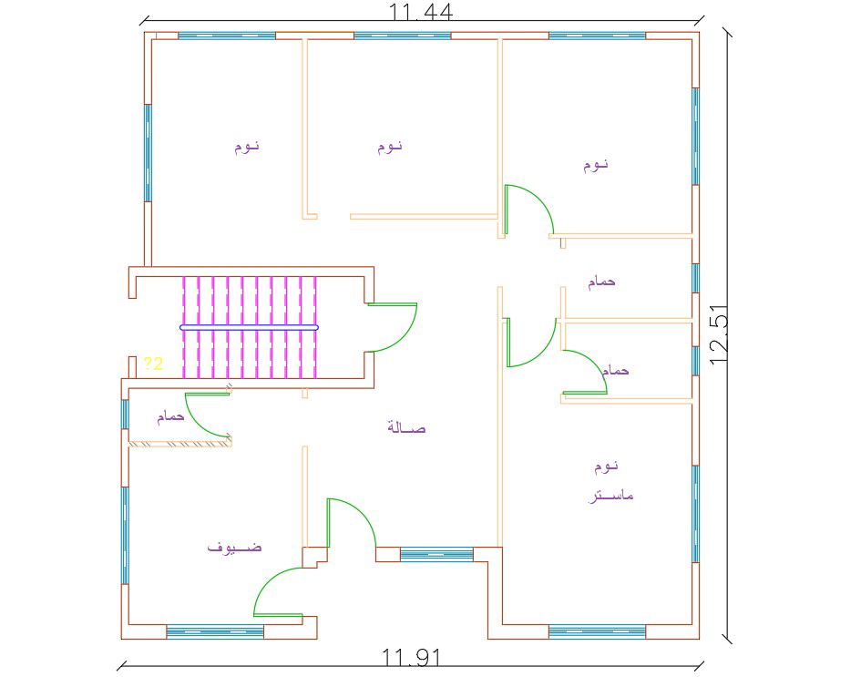 11 X 12 Meter 3 BHK Sample House Plan DWG File