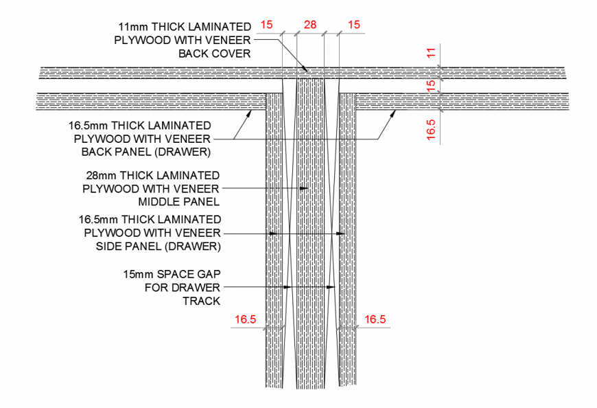 11mm thick laminated plywood with veneer back cover section detail