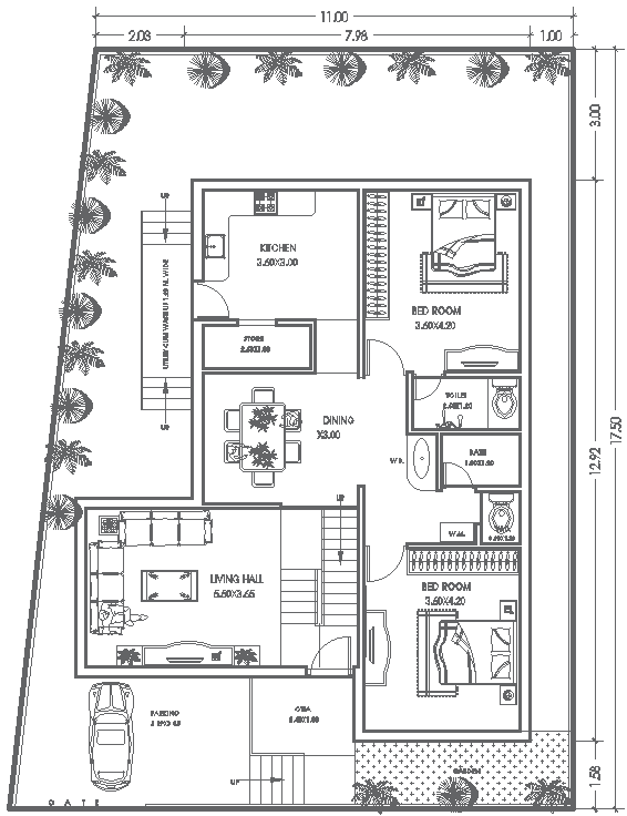 11mx17.50m 2BHK House Plan with Garden and Parking DWG File