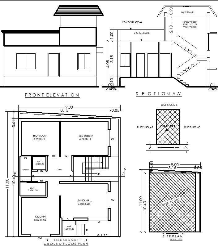 AutoCAD File of 11×9 m 2 BHK Plan with Staircase Layout plan