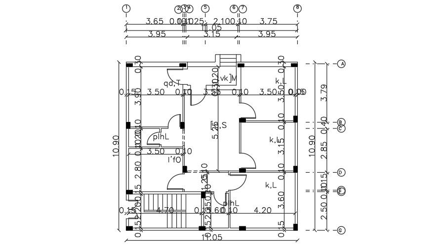 11x11 Meter 4 BHK Residential Centerline Plan DWG File