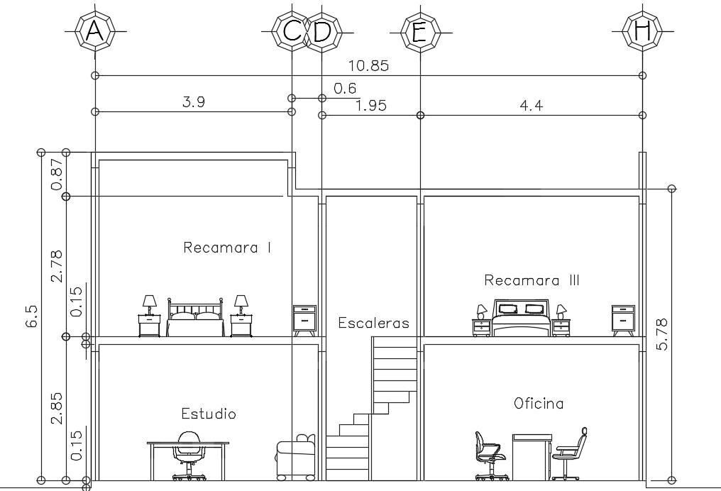 11x12m house building front cut section view is given in this model