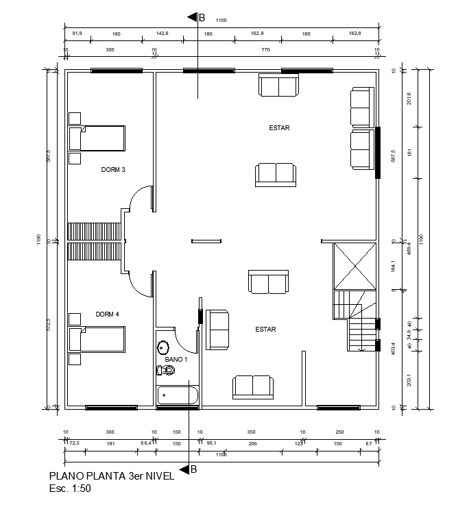 11x12m third floor house plan is given in this AutoCAD drawing file. Download now.