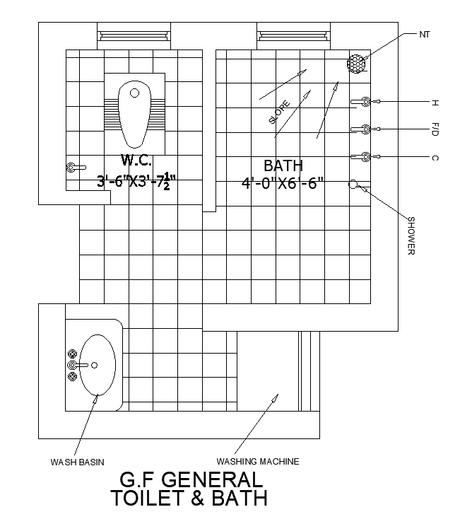 11’x13’ bathroom plan is given in this AutoCAD drawing model. Download now.