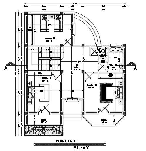 11x14m house first floor layout AutoCAD drawing is given