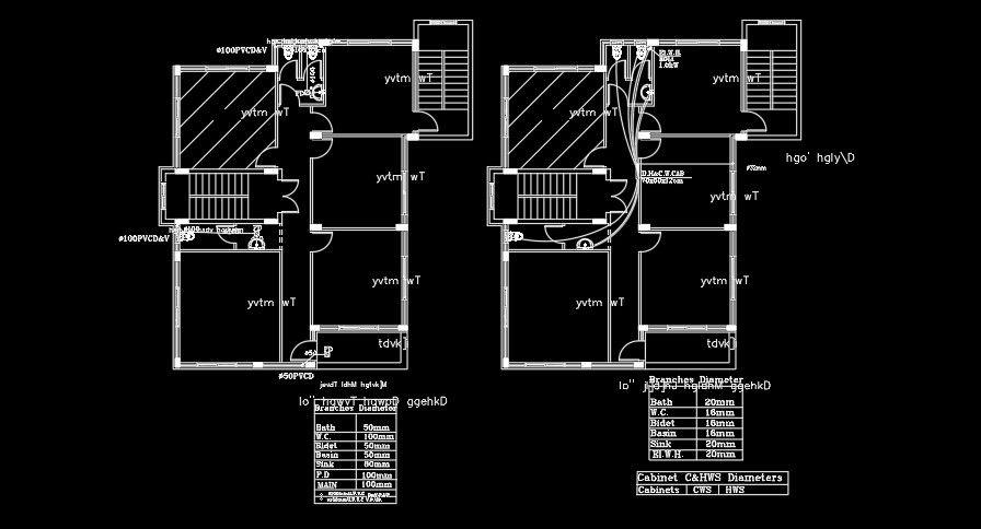 11x16m house plan ground and first floor sanitary water line AutoCAD drawing